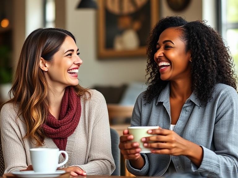 Two women in conversation, laughing over coffee.