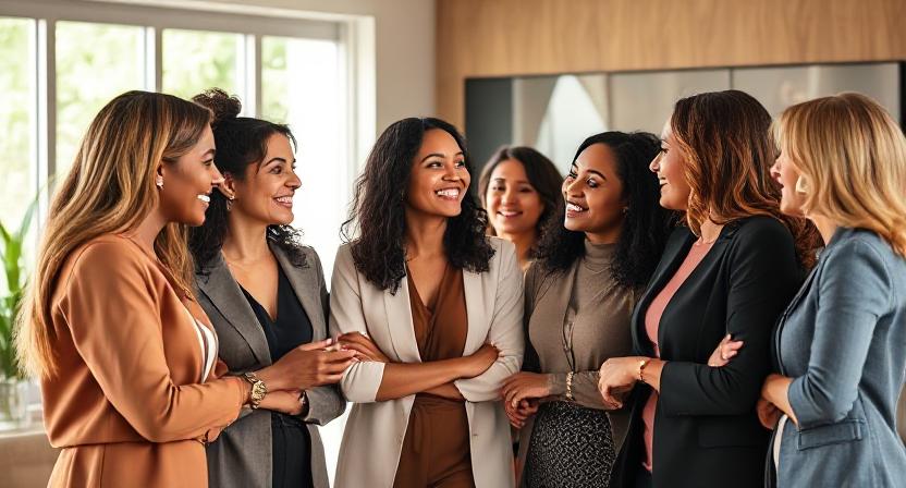 A group of diverse women business owners gathered together in a warm, collaborative setting. They are smiling, talking, and supporting one another—symbolizing empowerment, mentorship, and community. The scene conveys strength, compassion, and inclusivity, with a professional yet uplifting atmosphere. Soft natural lighting, modern business-casual attire, and an inspiring, optimistic tone.
