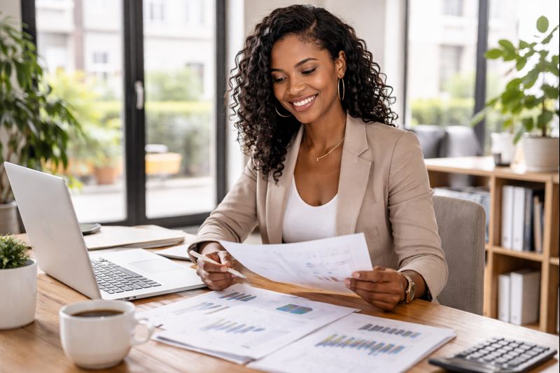 Woman reading financial documents at her desk