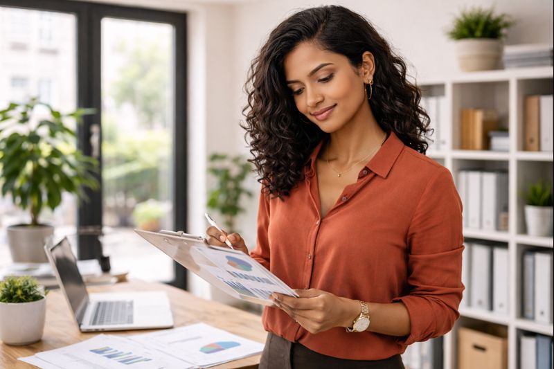 Focused woman professional in a modern office