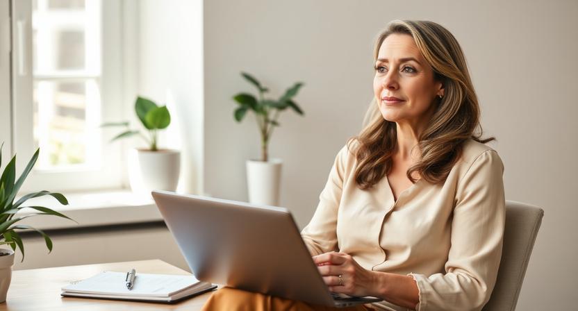 A horizontal, editorial-style image featuring a confident woman business owner in her late 30s to early 50s, seated at a light-filled workspace. She appears calm, grounded, and thoughtful — not stressed or rushed. Subtle financial elements are present (a notebook with handwritten numbers, a laptop with a simple chart, a pen resting nearby), but money is not the focal point.