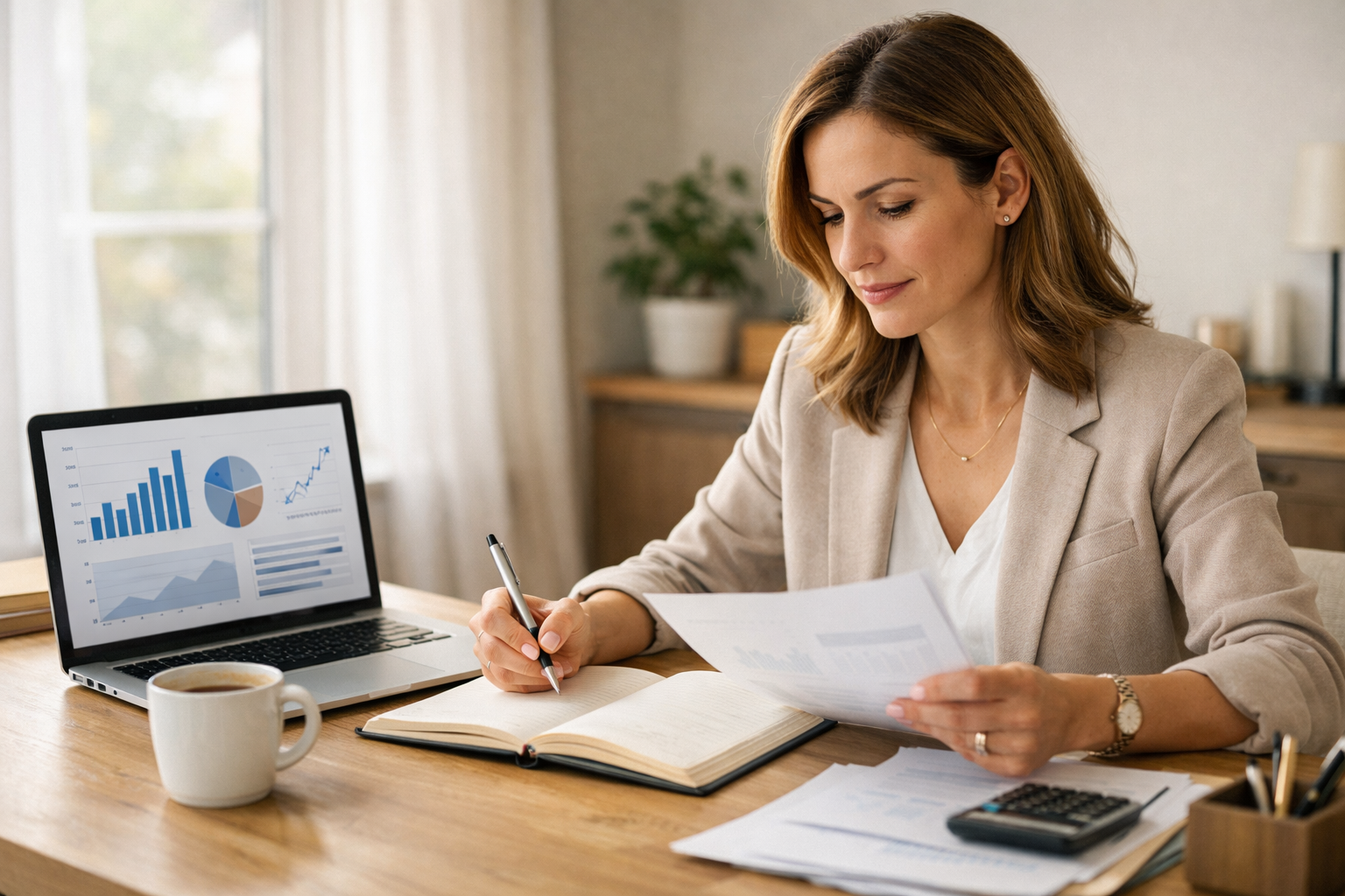 Horizontal image, professional woman business owner reviewing finances at a clean desk, laptop open with simple charts, notebook and coffee nearby, soft natural daylight from window, calm focused expression, modern neutral workspace, warm tones, representing financial clarity, stewardship, and intentional leadership.