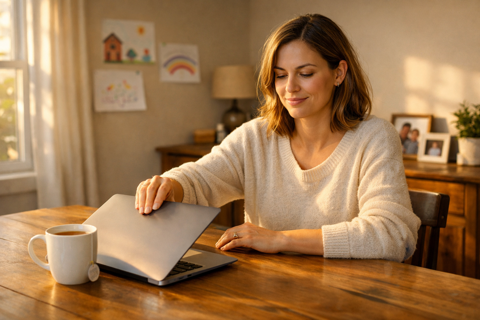 Horizontal lifestyle image, woman sitting at kitchen table closing laptop, soft evening light through window, cup of tea nearby, calm relaxed expression, subtle family elements in background (photos or drawings), warm tones, peaceful atmosphere, representing balance, emotional availability, and financial stability.