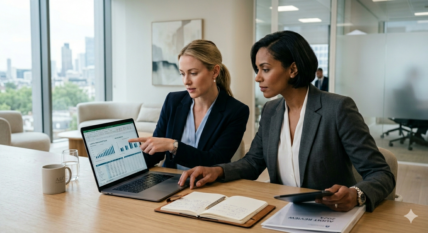 A professional, modern financial office scene showing two female accountants reviewing financial documents together on a laptop