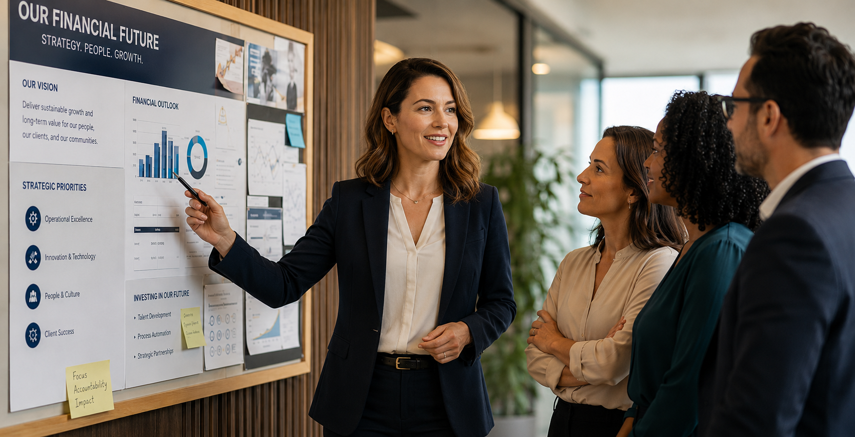 Female business leader standing with her team in a modern office, reviewing strategy and financial performance while guiding company growth with clarity and confidence.